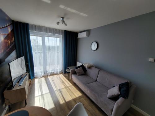 乔左维尔考普尔斯基Apartament Warszawska 26 - Klimatyzacja的客厅配有沙发和墙上的时钟
