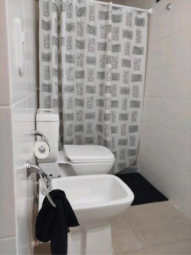 罗萨里奥Alquiler temporario Rosario的一间带卫生间和淋浴帘的浴室