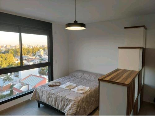 罗萨里奥Alquiler temporario Rosario的一间卧室设有一张床和一个大窗户