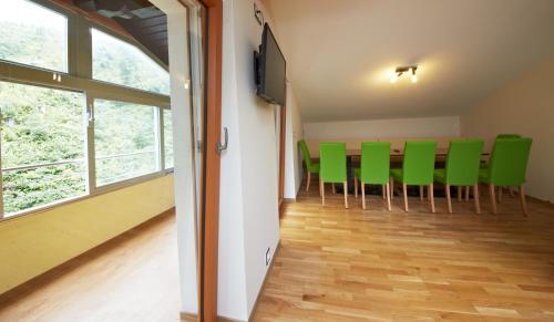 萨尔巴赫Holiday Lodge Central的一间会议室,配有绿色椅子和平面电视