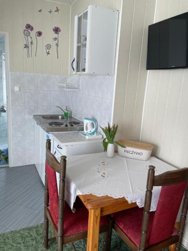 文戈热沃Niebieska Tawerna的厨房配有桌椅和水槽