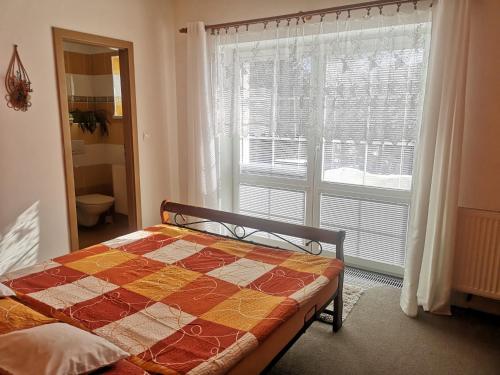 贝德日霍夫Ubytování Kuncovi的一间卧室设有一张床和一个大窗户