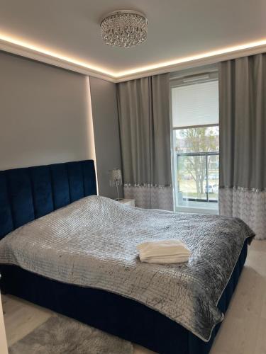 格但斯克Oliva Enjoy the Harmony的一间卧室配有一张带蓝色床头板的床和窗户