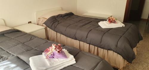 斯嘉德瓦利Apartments Delise的宿舍间内的两张床,配有毛巾和娃娃