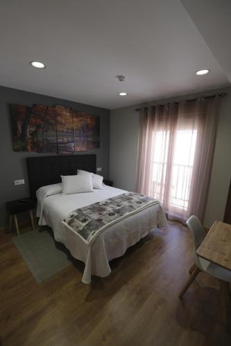 佩德拉希塔Hostal Restaurante Goya的一间卧室设有一张大床和一个窗户。
