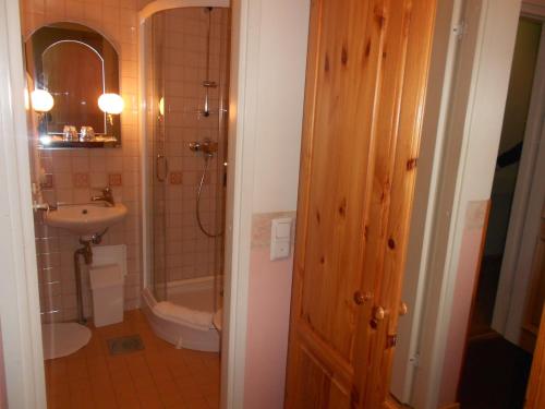 塔林波斯卡别墅旅馆的一间带水槽、卫生间和淋浴的浴室