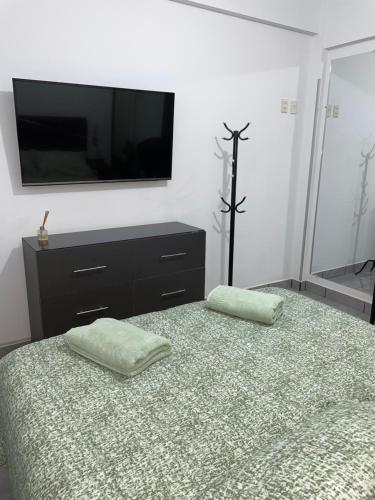 塔里哈Green Space的一间卧室设有一张带平面电视的床。