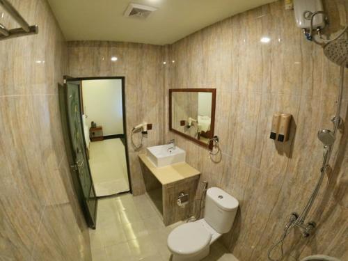 古莉Beach Stone的一间带卫生间、水槽和镜子的浴室