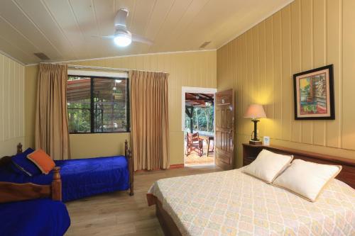 萨拉皮基Horquetas River Lodge的一间卧室配有一张床和一张蓝色的沙发