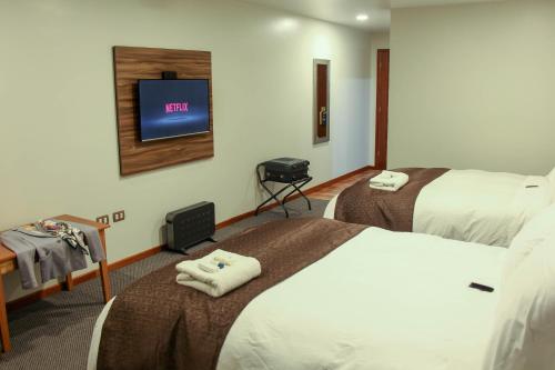 万卡约Hotel Unu的酒店客房设有两张床和一台平面电视。