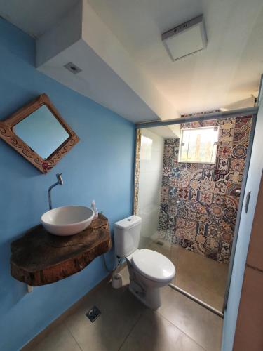 卡皮托利乌Pousada e Hostel Paraíso Capitólio的一间带卫生间、水槽和镜子的浴室