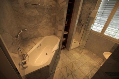 罗拉赫Hotel MARIOTTO am Burghof的带淋浴、浴缸和盥洗盆的浴室