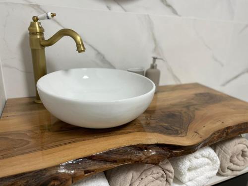 圣卡洛斯拉腊皮塔Apartamento Dakota的浴室水槽和木板上的白色碗
