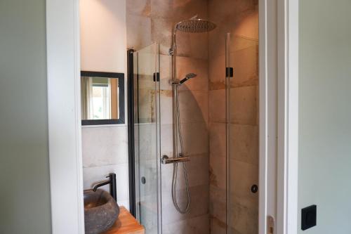 奇维克Allé på Österlen的带淋浴的浴室和玻璃门