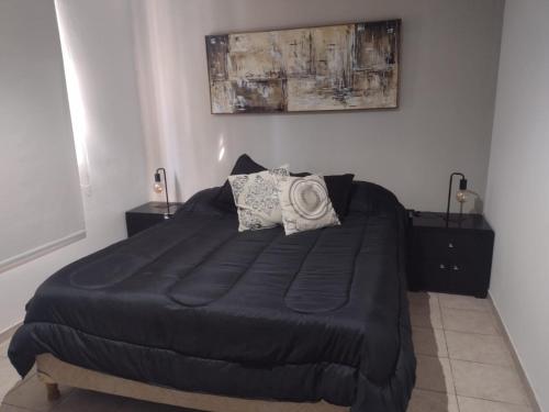 戈多伊克鲁斯Cálido Departamento y Estacionamiento Gratuito的卧室配有一张大床,提供黑色床单和枕头。
