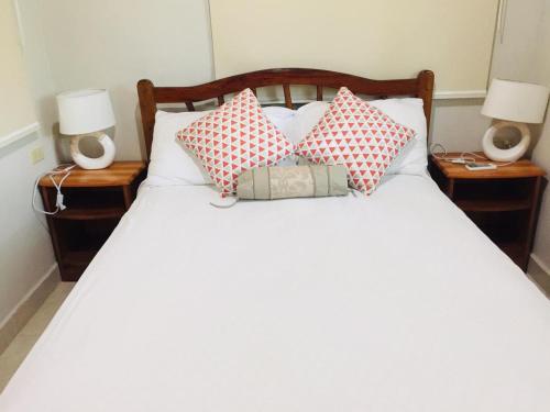 特拉Hilamito Lodge的一张带红白枕头的床和两盏灯