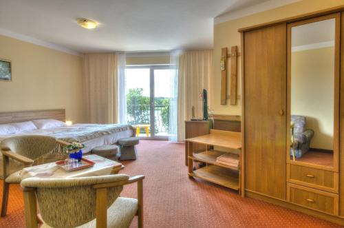 姆拉哥沃Panoramic-Oscar的酒店客房配有一张床铺和一张桌子。
