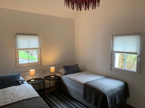 施莱登Ferienhaus Gemünd的一间卧室设有两张床和两个窗户。