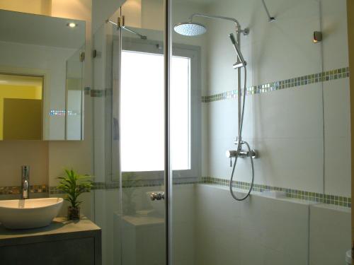 特拉维夫TLV Living Apartment的带淋浴和盥洗盆的浴室