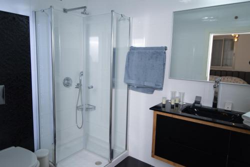 海法Prestige Room in Prestige location Bahai's Garden的带淋浴和盥洗盆的浴室