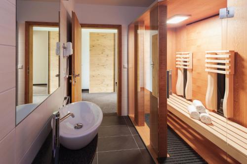 巴特塞京根Sapia Hotel Rheinsberg的一间带水槽、卫生间和镜子的浴室