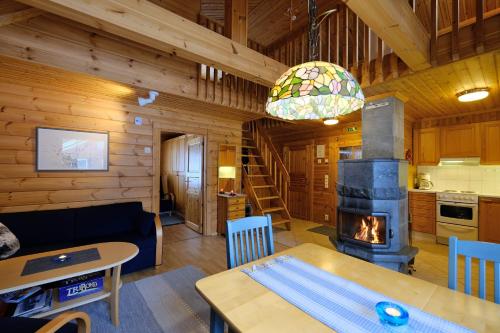 列维Villiporo Cabin Levi的小木屋内带壁炉的客厅