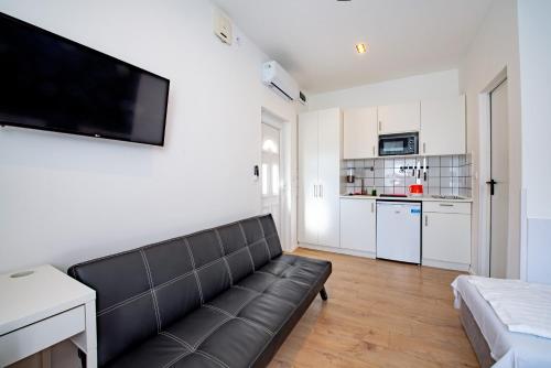 布达佩斯Chesscom Apartments的客厅配有沙发和墙上的电视