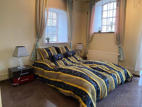 费马恩Natur Hof Fehmarn的一间卧室配有一张大床,床上铺有黄色和蓝色的毯子