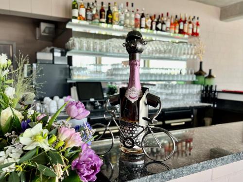 什未林Zweirad Hotel Lenne的一瓶葡萄酒和一辆自行车在柜台上