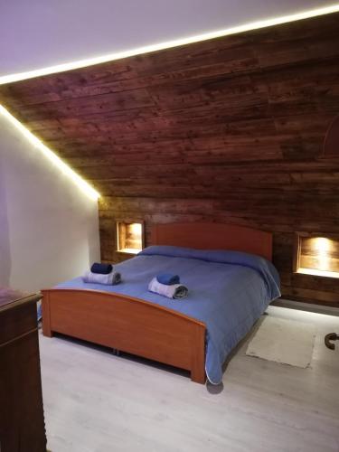 塔尔维西奥appartamento Florianca的一间卧室配有一张带木墙和灯的床