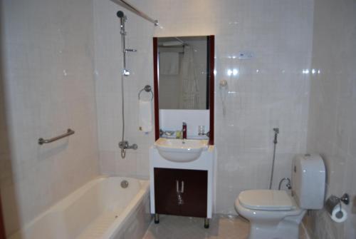 沙迦沙迦国际机场酒店的浴室配有盥洗盆、卫生间和浴缸。
