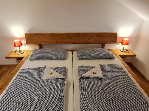 雷滕贝格Allgäuer Heimat的配有两张床铺的房间,桌子上放着两盏灯
