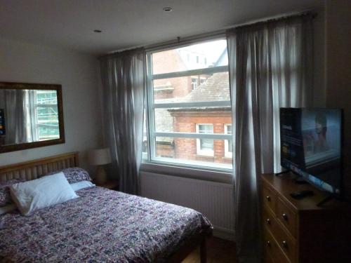 泰恩河畔纽卡斯尔Lovely 2 bed flat in the VERY CENTRE of Newcastle的一间卧室配有一张床、一台电视和一个窗口