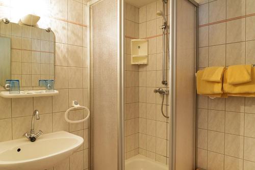 Neubukow瓦德施罗森欧纽不布科酒店的带淋浴和盥洗盆的浴室