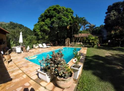 帕蒂杜阿尔费里斯Casa de campo com piscina em Paty do alferes的一座种植了盆栽植物的院子内的游泳池