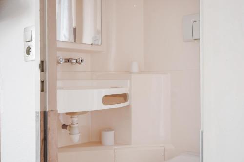 德希内斯·尚皮埃普瑞米尔里昂东布隆厄科尔斯博经典酒店的白色的浴室设有水槽和淋浴。