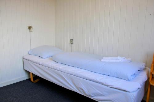 布拉万德The Little Red Cabin Near Blåvand!的一张位于房间的床,上面有两个枕头