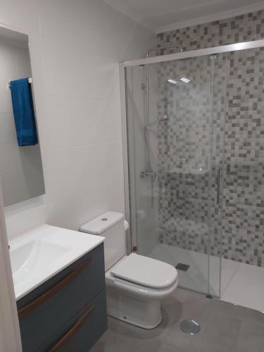 卢阿尔卡Apartamento BRUMA DE LUARCA的带淋浴、卫生间和盥洗盆的浴室