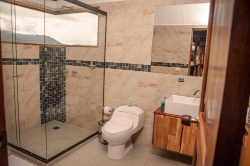 杰里科Hotel Santa Laura的带淋浴、卫生间和盥洗盆的浴室