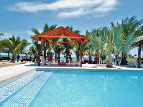 卡诺阿斯德蓬萨尔Punta del Norte Bungalows的一个带凉亭和棕榈树的游泳池