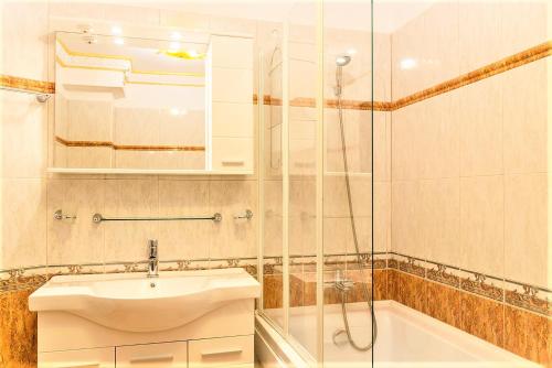 布加勒斯特我的酒店公寓的一间带水槽和玻璃淋浴的浴室