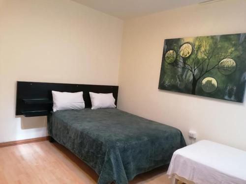 利马Miraflores Rooms的卧室配有一张床,墙上挂有绘画作品