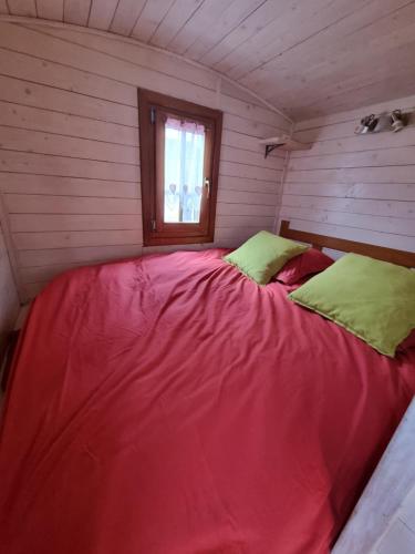 韦尔东河畔拉帕吕Roulotte du domaine de la Graou的窗户客房内的一张红色大床