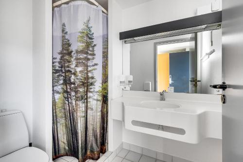 瓦埃勒瓦埃勒大宿舍酒店的白色的浴室设有水槽和淋浴帘