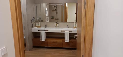 马拉加El Museo Suites的一间带水槽和大镜子的浴室
