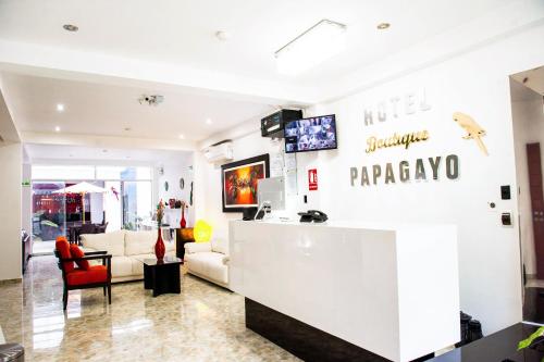 塔拉波托Hotel Boutique Papagayo的一个带沙发和柜台的药房的大堂