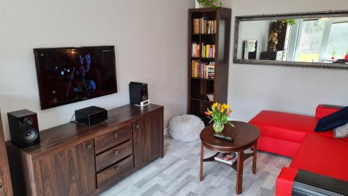 索波特Apartament z widokiem na las的客厅配有红色沙发和平面电视