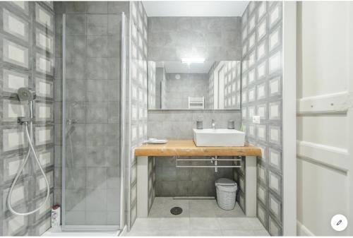 那不勒斯Museum Luxury Suites的一间带水槽和淋浴的浴室