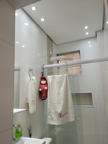 圣维森特岛Conforto em São Vicente的带淋浴、水槽和毛巾的浴室