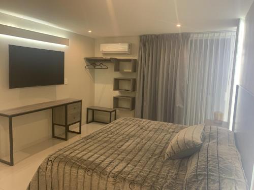 阿瓜斯卡连特斯LA GRANDE MAISON的一间卧室配有一张床和一张书桌及电视